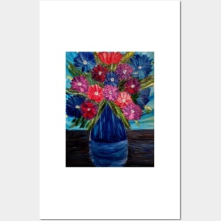 A lovely boutique of abstract vibrant bright colorful  flowers in a tall glass vase Posters and Art